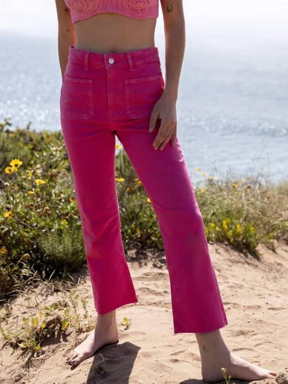 ZARA The Sailor Cropped Flare Leg Jeans Frayed Hem Fuchsia Pink Women's Size 6
